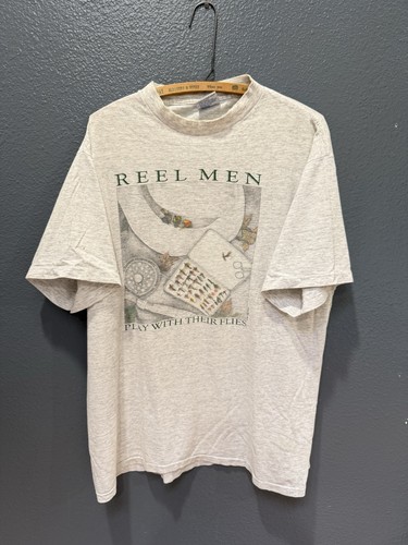Vintage 90’s Fly Fishing Reel Graphic Gray Tee Shirt All Sport Gr. XL  - Bild 3 von 6