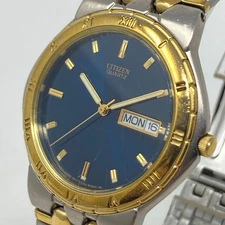 Vtg Citizen Watch Men 35mm Gold Silver Tone Blue Dial Day Date New Battery 8.25"