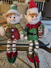 2 Christmas Elf Elfs Plush Doll Shelf Sitters 12" T SCARFS HATS Sequins