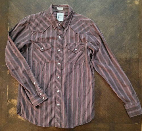 Vintage Fossil Button Shirt Mens Large Brown Y2K Pearl Snap Western Wear Casual - Picture 1 of 10