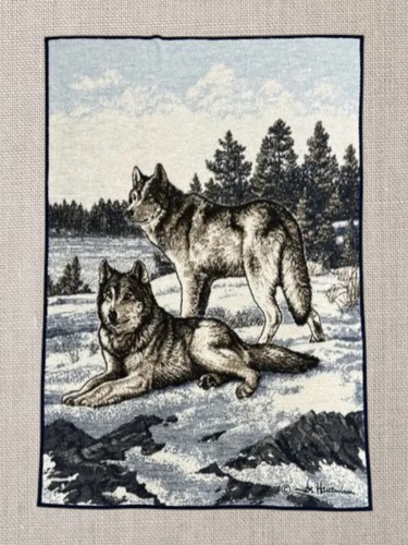 Manta grande vintage Biederlack azul gris lobos pelo alto James Hautman 76x51 - Imagen 1 de 7