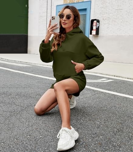 FKEEP WOMENS 2 PIECE SWEATSUIT OUTFITS HOODIE SWEAT SHORTS POCKET ZARMY GREEN S - Picture 4 of 5