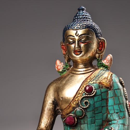 Bronze Outline in gold Painted Mosaic Gem Turquoise Shakyamuni sitting Buddha - Picture 4 of 8
