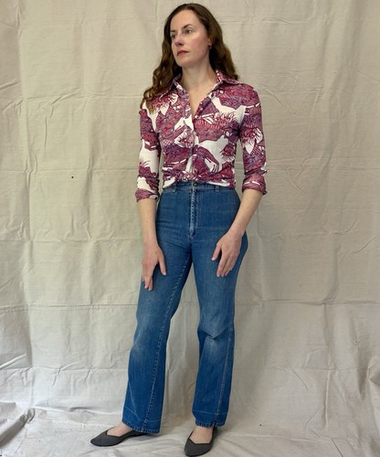 Vintage 70s Maroon Blue Chinoiserie Pattern Silky Disco Shirt by Kmart size S/M - Picture 7 of 16