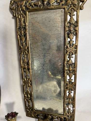 Antique ITALIAN Cast BRASS WALL SCONCE 2 Dolphins Mirror 2 Arm Candleholder - Picture 8 of 23
