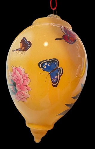Hand painted Glass Ornament Teardrop Shape Yellow Floral & Butterflies 4” Tall - Picture 11 of 12