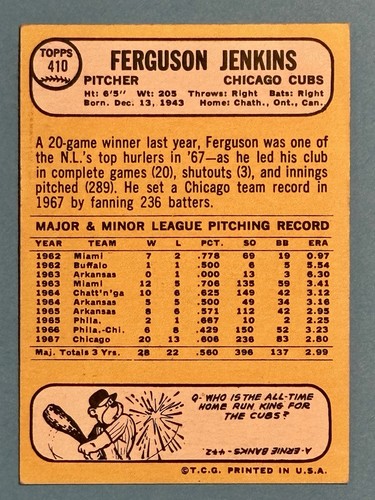 1968 Topps #410 Ferguson Jenkins Chicago Cubs - Bild 2 von 2