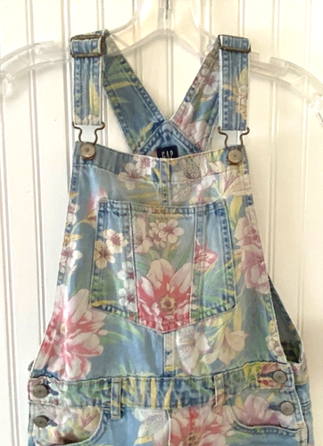 Gap For Good Girls Pink Floral Blue Denim Shorts Overall XL Shortalls - Picture 3 of 12
