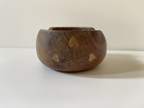 Vintage Brown Wooden Floral Set Of 5 Coasters With Brass Inlay Holder - Picture 8 of 13