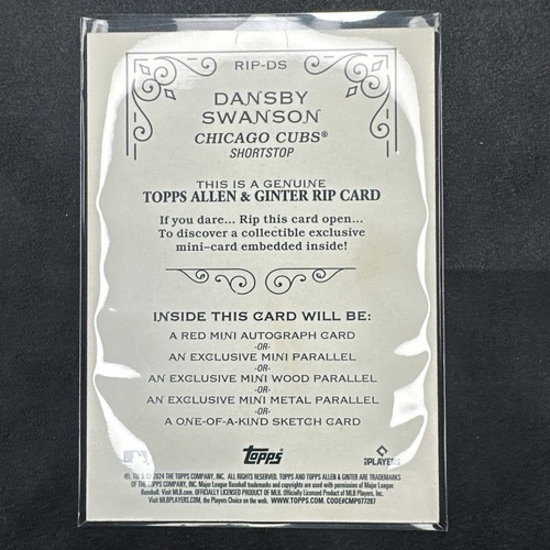 32/99 DANSBY SWANSON RIP Card Unripped 2024 Topps Allen And Ginter #RIP-DS CUBS - Picture 7 of 11