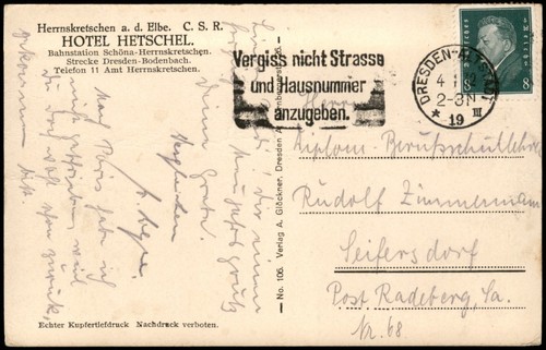 Postal Herrskretschen Hřensko Hotel Hetchel 1932 - Imagen 3 de 3
