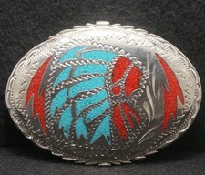 XD03143 VINTAGE 1970s  NATIVE AMERICAN INDIAN CHIEF  ARTWORK MENS BELT BUCKLE