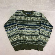 Vintage Abstract Knitted Jumper Patterned Grandad Knit Sweater Men's L