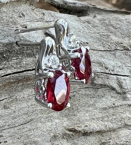 Estate 10k Solid White Gold Simulated Ruby & Diamond Accented Post Earrings - Picture 2 of 16