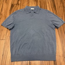 Reiss Merino Wool V Neck Polo Shirt Mens XL Blue Short Sleeve Knit FLAW