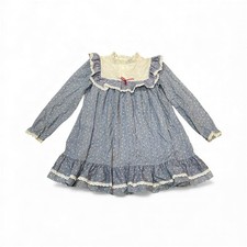 Vintage Nannette 6X Girl Dress Blue White Floral Flowers Lace Ruffles USA