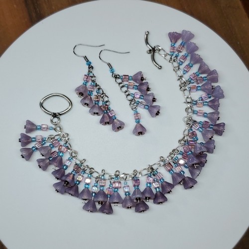 Armband 7" Perlen Charm Ohrringe Set Handarbeit Lila Tschechische Glas Blume Baumeln - Bild 3 von 9