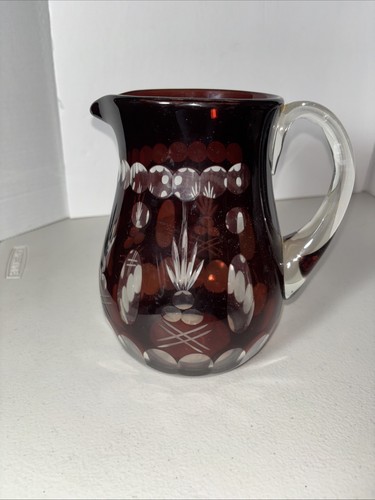Vintage Bohemian Crystal Pitcher Ruby Red Cut to Clear Thick Glass Jug 7 3/8” H