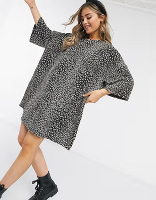 Asos Oversized Animal  Print  T-Shirt Dress - One Size - Black/Gray