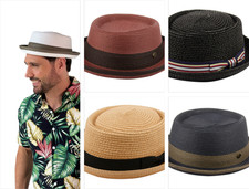 Men's Summer Straw /Poly Braid Pork Pie Fedora Brim Hat with Grosgrain Band