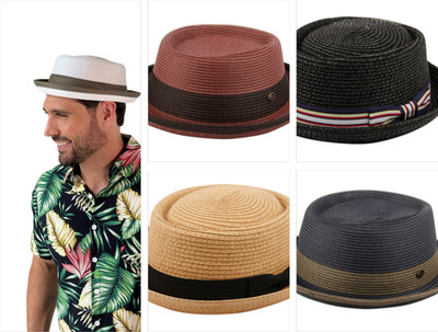 Men's Summer Straw /Poly Braid Pork Pie Fedora Brim Hat with Grosgrain Band