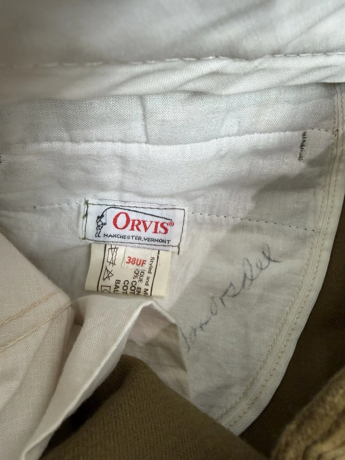 Vintage Orvis Mens Green Cotton Corduroy Flat Front  Leather Trim Pants 38 X 31 image 4