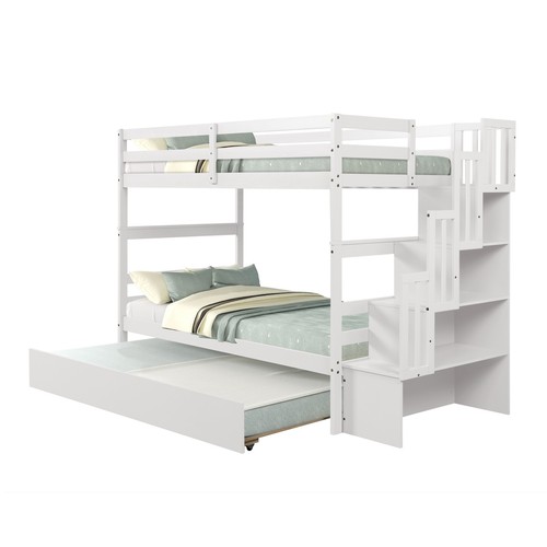 Twin Bunk Beds with Trundle & Stairway Storage - White - Fits Any Room - Picture 10 of 12