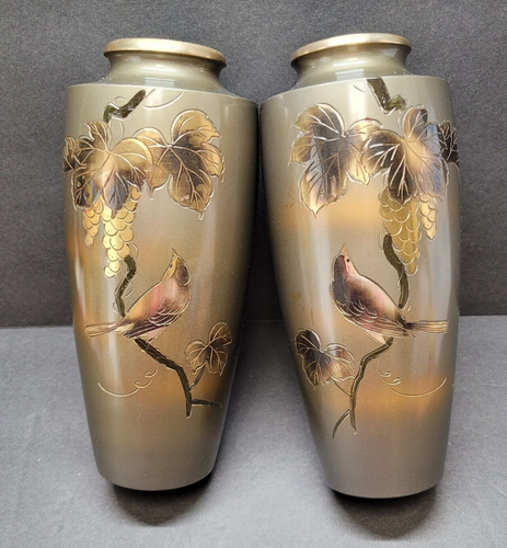 Lot of 2 Vintage 8" Made In Japan Metal Vase Mixed Metals Birds Grapes Matched