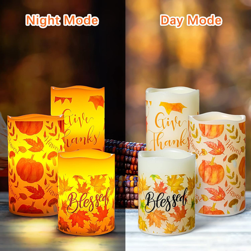 3 Pieces Thanksgiving Flameless LED Candles Leaf Pumpkin Fall Decor Candle Light - Picture 4 of 12