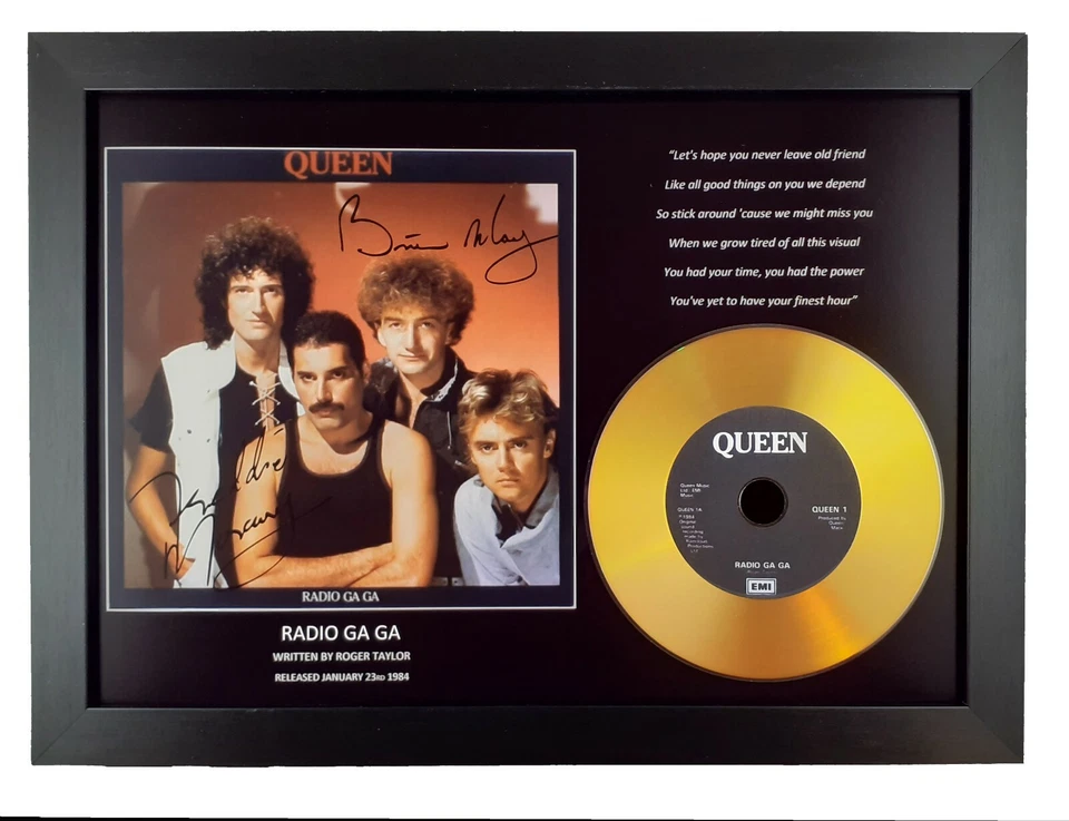 QUEEN 'RADIO GA GA' SIGNED PHOTO GOLD DISC CD COLLECTABLE MEMORABILIA