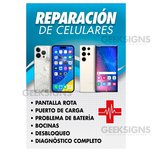 Cell Phone PC Repair Spanish Single Poster Sign Banner - Reparación de Celulares - Picture 1 of 7