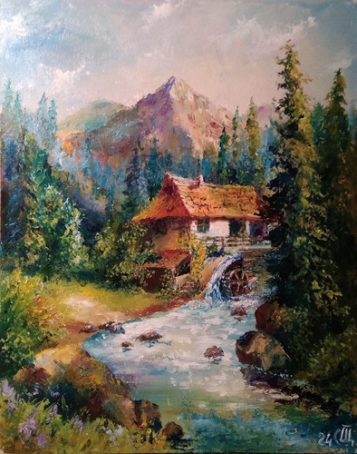Pintura ""Mill on a mountain river"". Aceite sobre tablero duro. 8x10 inc. Hecho a mano. 2024. - Imagen 2 de 2
