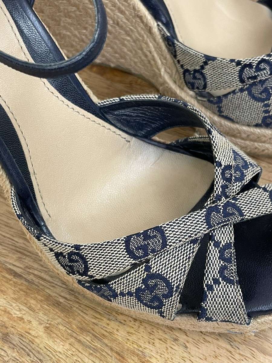 Gucci Canvas GG Logo Navy Leather Espadrille Wedge Sandals