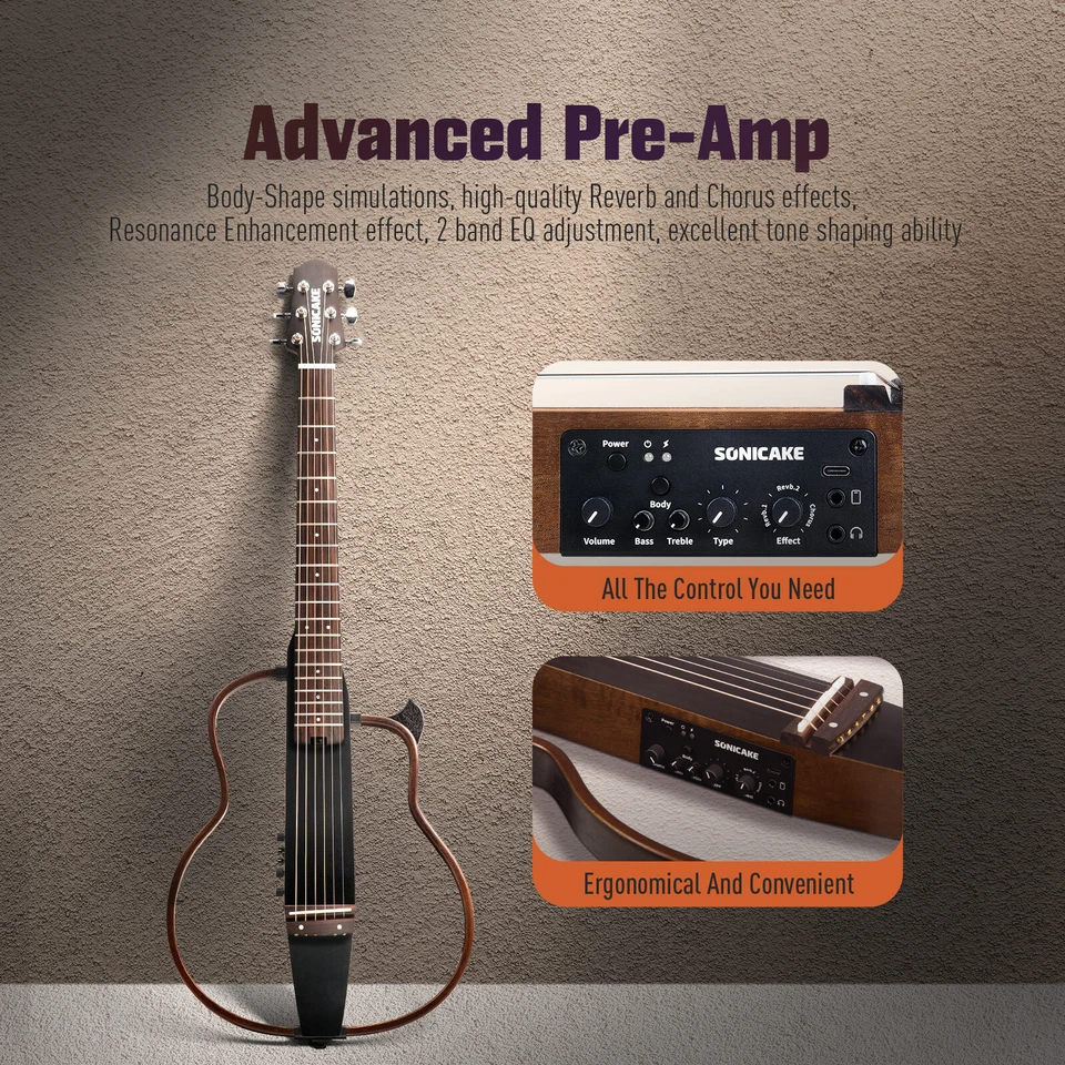 Guitarra de Viaje Sonicake, Guitarra Eléctrica Acústica Portátil Cuerpo Caoba Sólida Foto 2 de 4