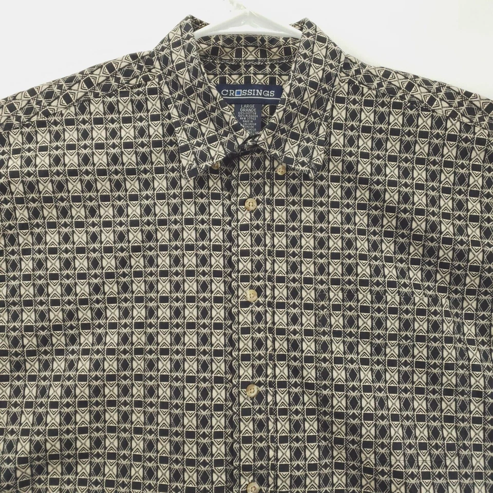 Camisa Crossings Vintage Hombre Grande Beige Negra Algodón Geométrico Clásica Abotonada Foto 3 de 4