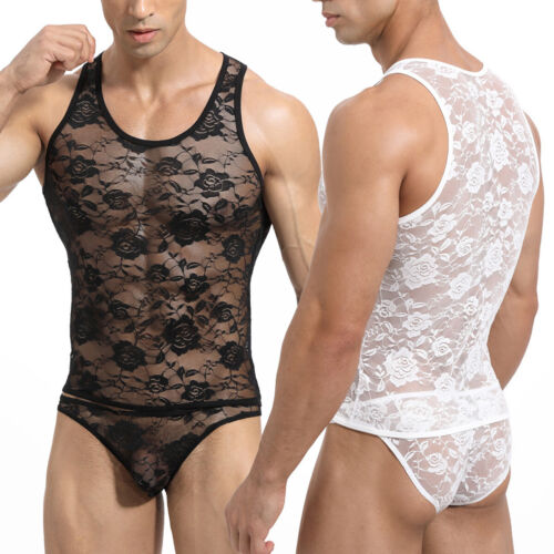 Hombres Sexy Encaje Ver a través de la Lencería Prenda para el torso sin mangas Chaleco Bikini Calzoncillos Bragas Ropa interior - Imagen 8 de 15