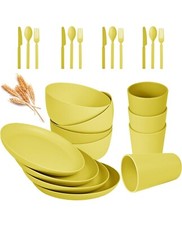 24pcs Wheat Straw Dinnerware Sets, Wheat Straw Plates and Bowls Sets for Yellow