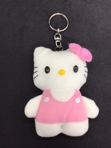 2005 Sanrio Hello Kitty Plush Keychain 4” Pink Bow & Overalls Mini Toy