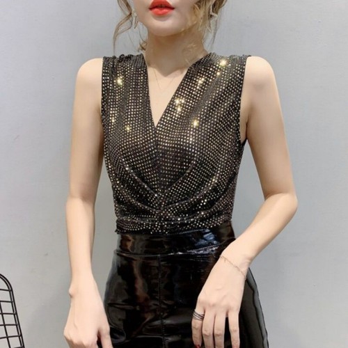 Lady Shiny Sequin Tank Top V Neck Pleated Vest Slim Fit Sleeveless Clubwear Sexy - Bild 2 von 14