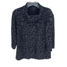 Ming Wang Women Animal Leopard Print Cardigan Jacket Size 0X Blue Black Collar