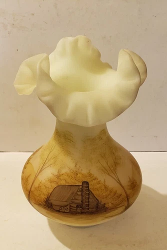 Fenton Hand Painted by V. Hendricks Blown Glass Satin Finish Fluted Top Vase