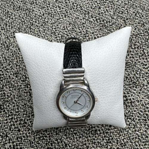 Vintage Womens Ecclissi .925 Sterling Silver Watch Black Leather Band 232 - Picture 3 of 7