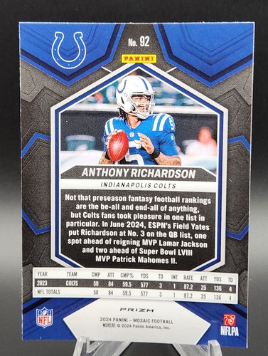 2024 Panini Mosaic Anthony Richardson Mosaic Reactive Yellow #92 Colts - Picture 2 of 2