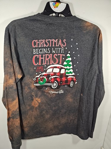 Blessed Girl Womens Small Long Sleeve Gray T-Shirt Christmas Begin With Christ - Picture 1 of 6