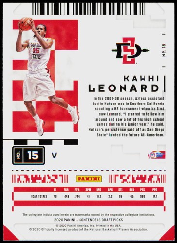 2020 Panini Contenders Draft Picks #18b Kawhi Leonard San Diego State Aztecs #18 - Picture 2 of 2