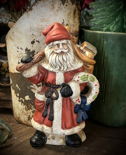 Santa Claus Belsnickel Figure w Bag of Toy Walking Stick & Wreath Porcelain 6" - Picture 2 of 20