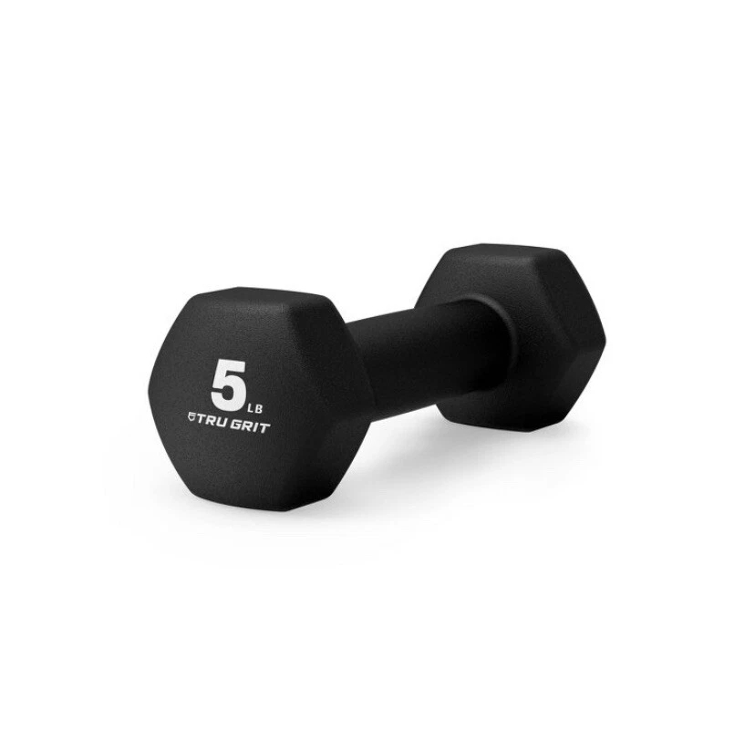 Tru Grit - 5 lb Hex Rubber Coated Dumbbell - Black 066