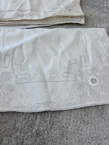 Vintage Leinen Spitze Cutwork/Stickerei Läufer & Tischsets mit 8 passenden Servietten - Bild 4 von 16
