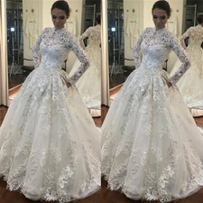 Vintage High Neck Wedding Dresses Long Sleeve Lace Appliques A Line Ball Gowns