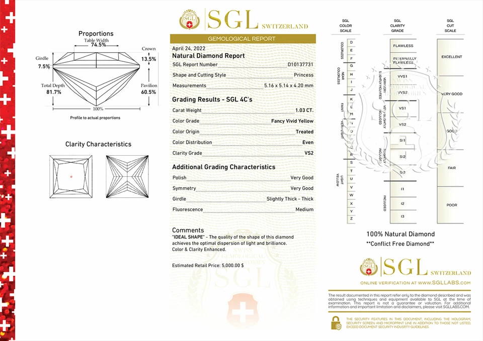 Princess Shape Diamond Fancy Yellow Color Loose VS2 Enhanced Polished 1.03 Carat - Image 3 of 4